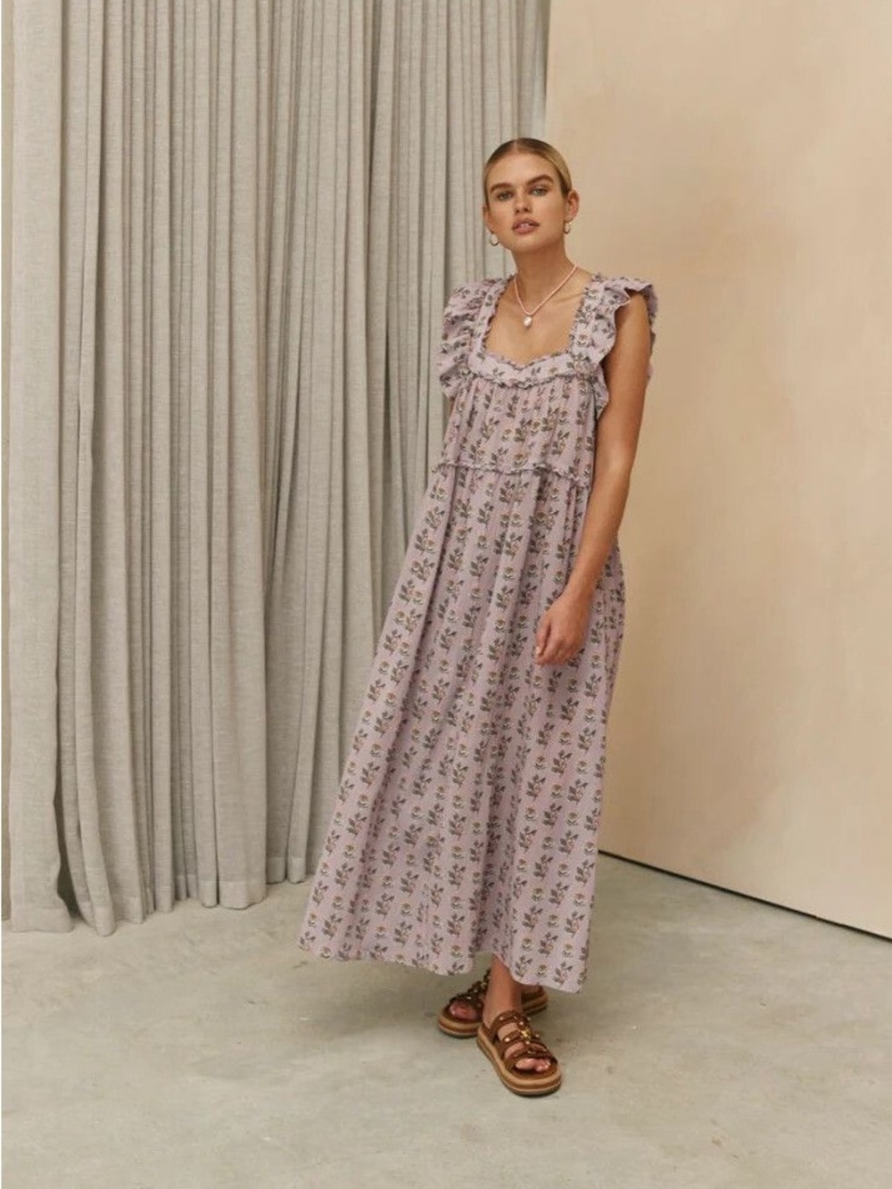 Smocked Floral Ruffle Maxi Dress in Lilac